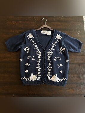 Vintage Kathie Lee  Navy Cardigan with Cream Floral Embroidery